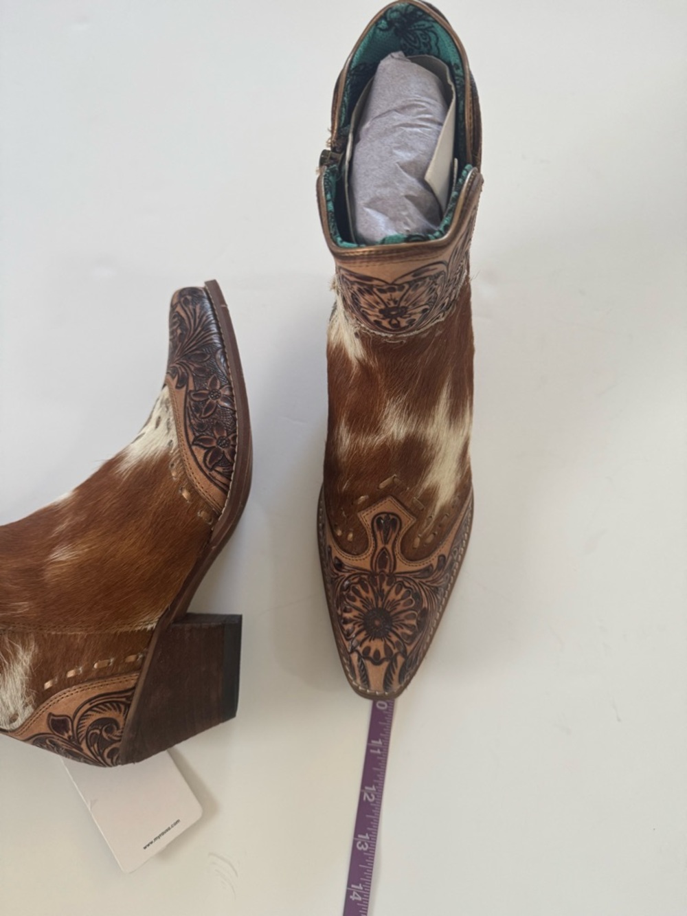 Myra Bag Brown & White Cowhide Tooled Leather Ankle Boots 8 - Picture 11 of 11